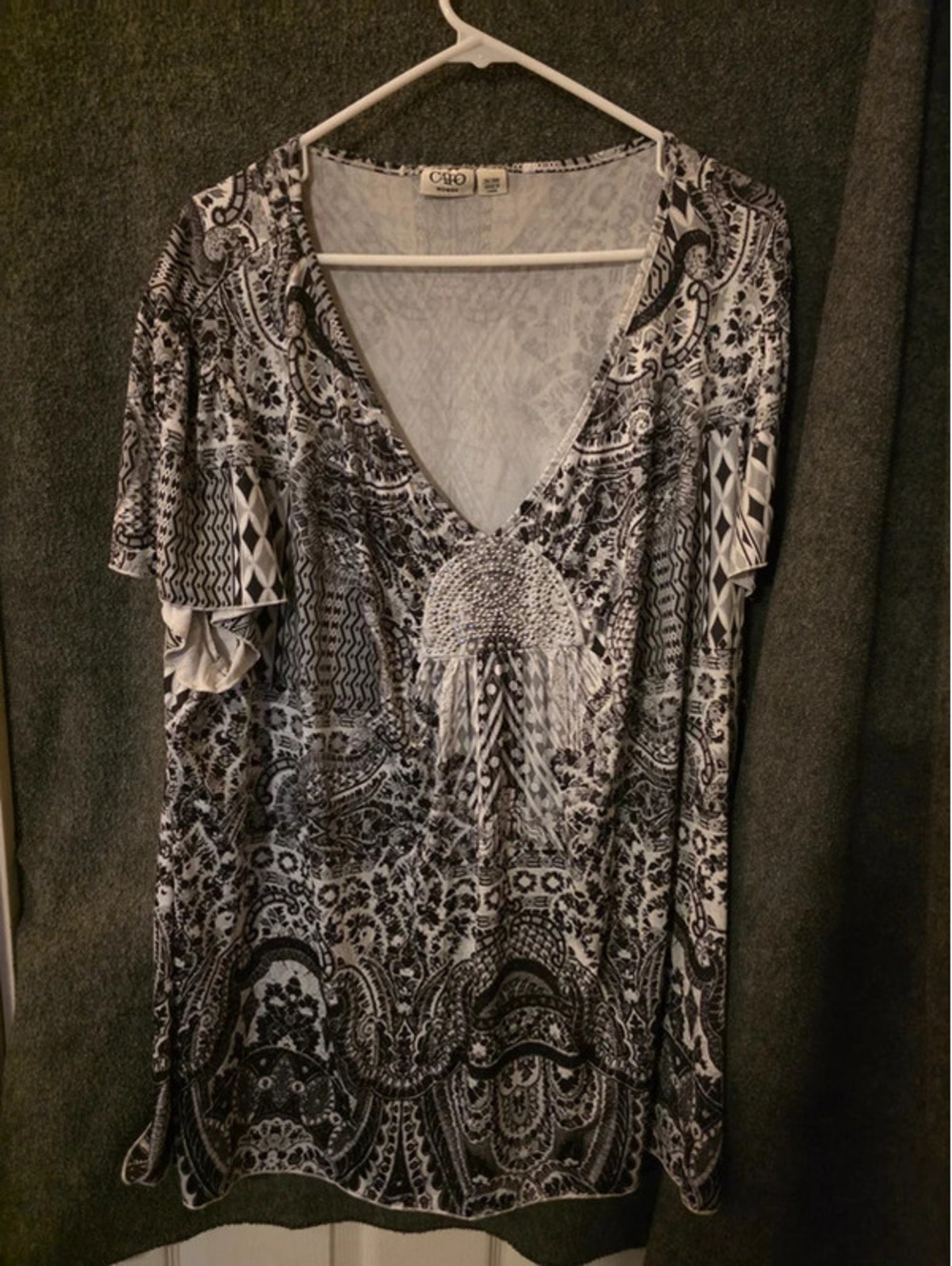 CATO Woman 26/28W Boho Black & White Patterned Short Sleeve Top